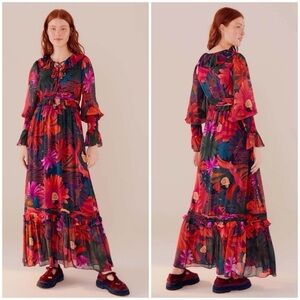 Farm Rio Bird Flowers Long Sleeve Ruffled Lace Up Maxi Dress Small